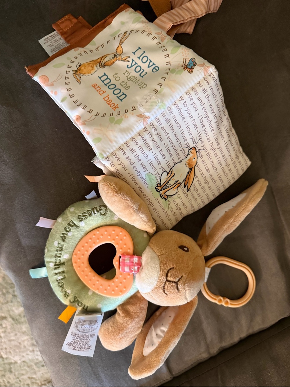 Plush Bunny Teether Toy with Soft Fabric Book - Brown and Green